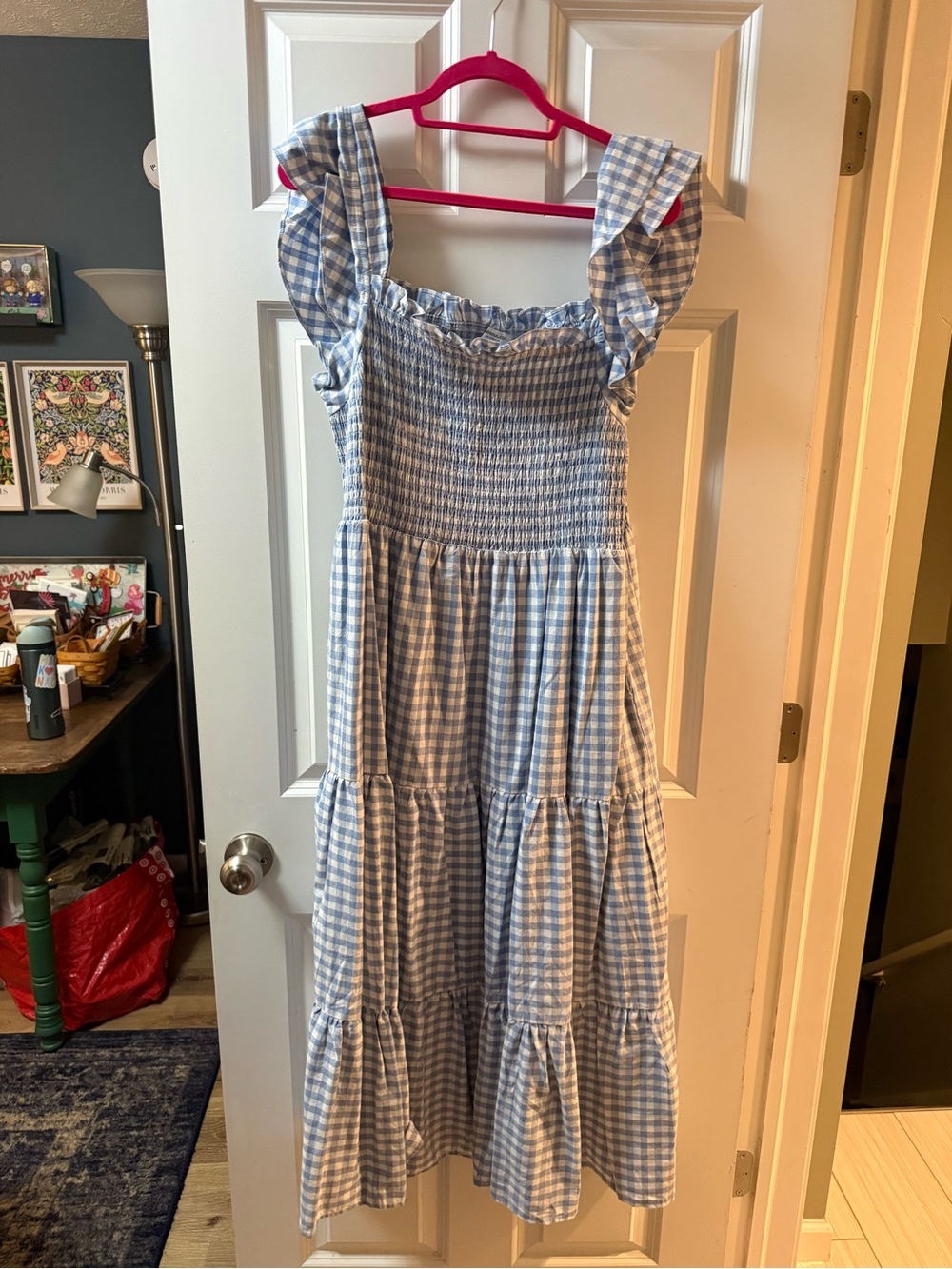 Chic Soul Blue and White Gingham Smocked Midi Dress